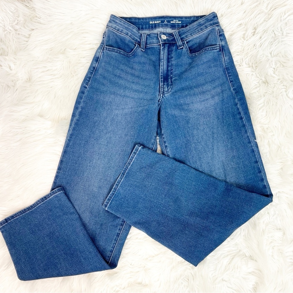 OLD NAVY WOW LOOSE STRAIGHT HIGH RISE JEANS MEDIUM RINSE WOMENS SZ 0 SHORT - Picture 5 of 5